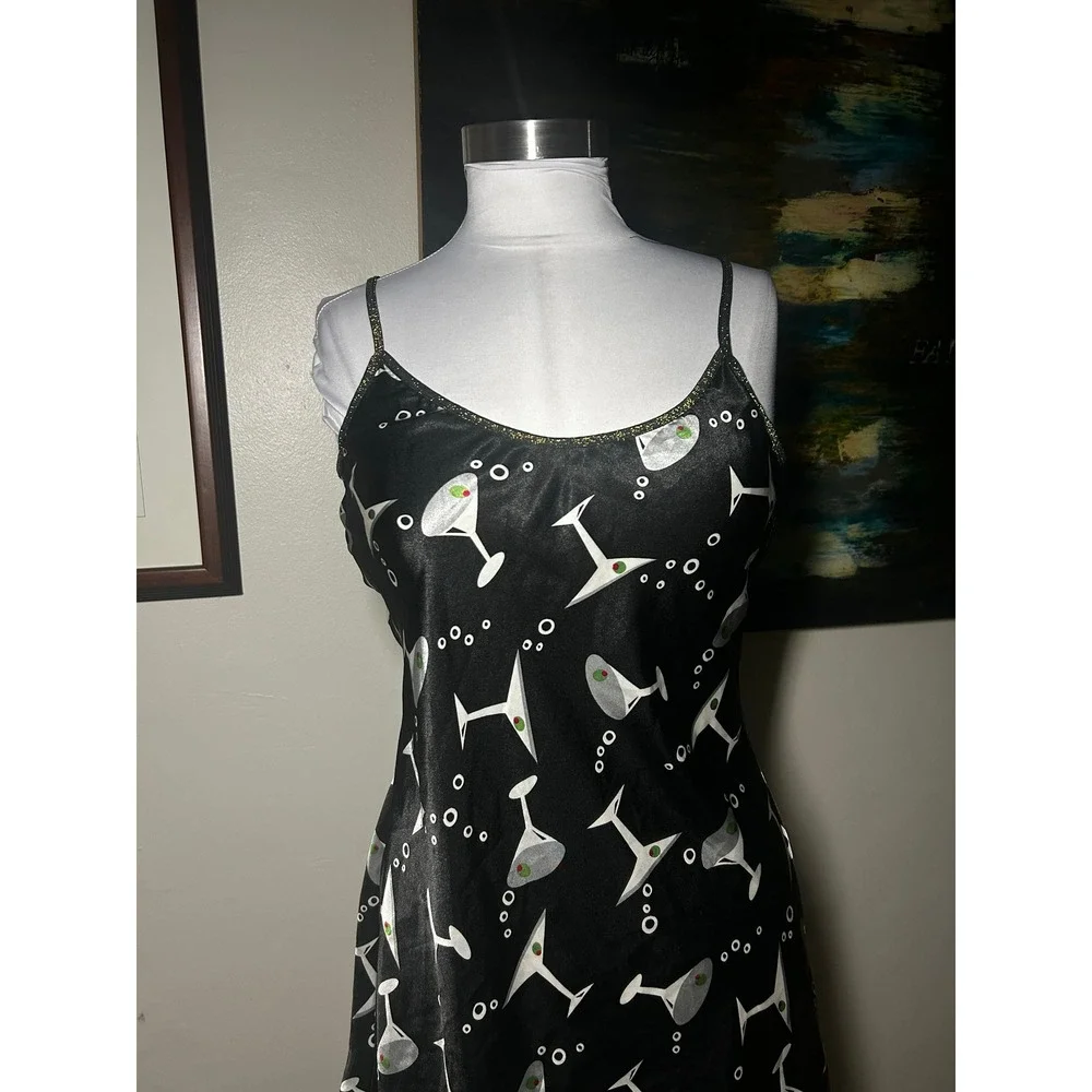 Vintage Martini Print Slip Dress Medium Black Cocktail Glass Glitter Trim